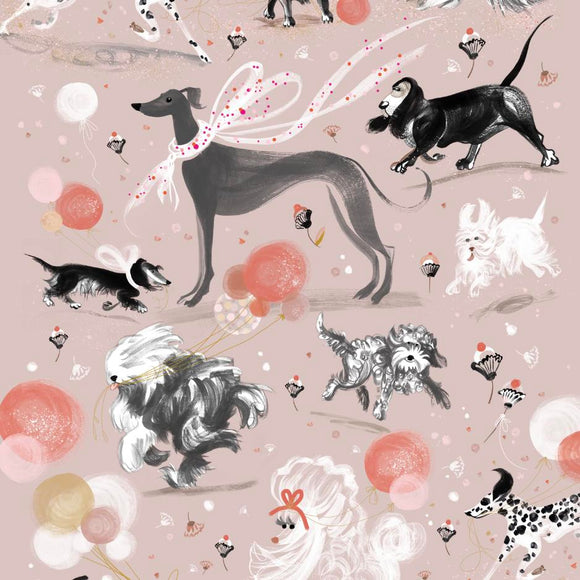 hand-drawn illustration of dogs in grey, black and white on an old vintage pink background, running with white, orange and pink balloons. Features a whippet, basett hound, sausage dog, a Westie, Cockapoo, Poodle and a Dalmatian