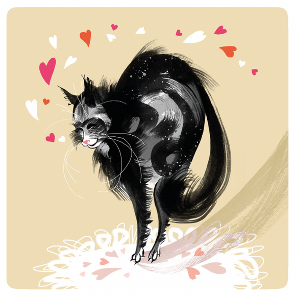 Illustration of a black cat with a fluffy tail on a beige background with hearts.