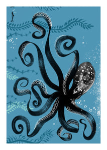 Octopus brush and ink illustration with long ribbon-like legs swimming in the dark turquoise sea amongst the seaweed