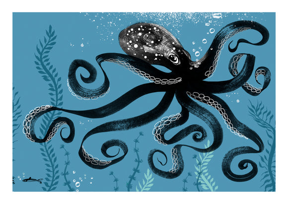 Octopus brush and ink illustration with long ribbon-like legs swimming in the dark turquoise sea amongst the seaweed