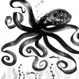 Floating swimming illustrated octopus with ribbon-like legs as a square napkin design