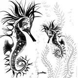 Two swimming illustrated seahorses, mother and baby swimming in the sea grass. Black and white brush line artwork