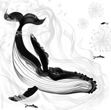 Diving humpback whale square illustration design for a napkin in loose black and white brush lines