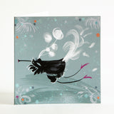 square card, with a black flute bird playing their flute-like beaks whilst flying in little pink shoes and big feathery tail. Background is a 30's teal colour with mainly white or black brush lines